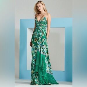 Badgley Mischka Draped Green Floral Print Maxi Dress with Fringe Trim